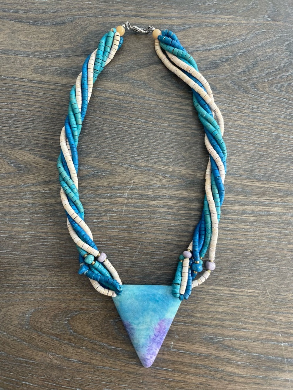 Triangle Pendant Blue Beaded Vintage Necklace